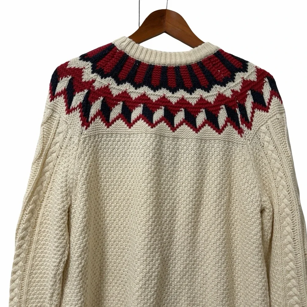 J Crew Fair Isle Fisherman Cable Knit Sweater Womens Large Cream Classic Ski NEW
